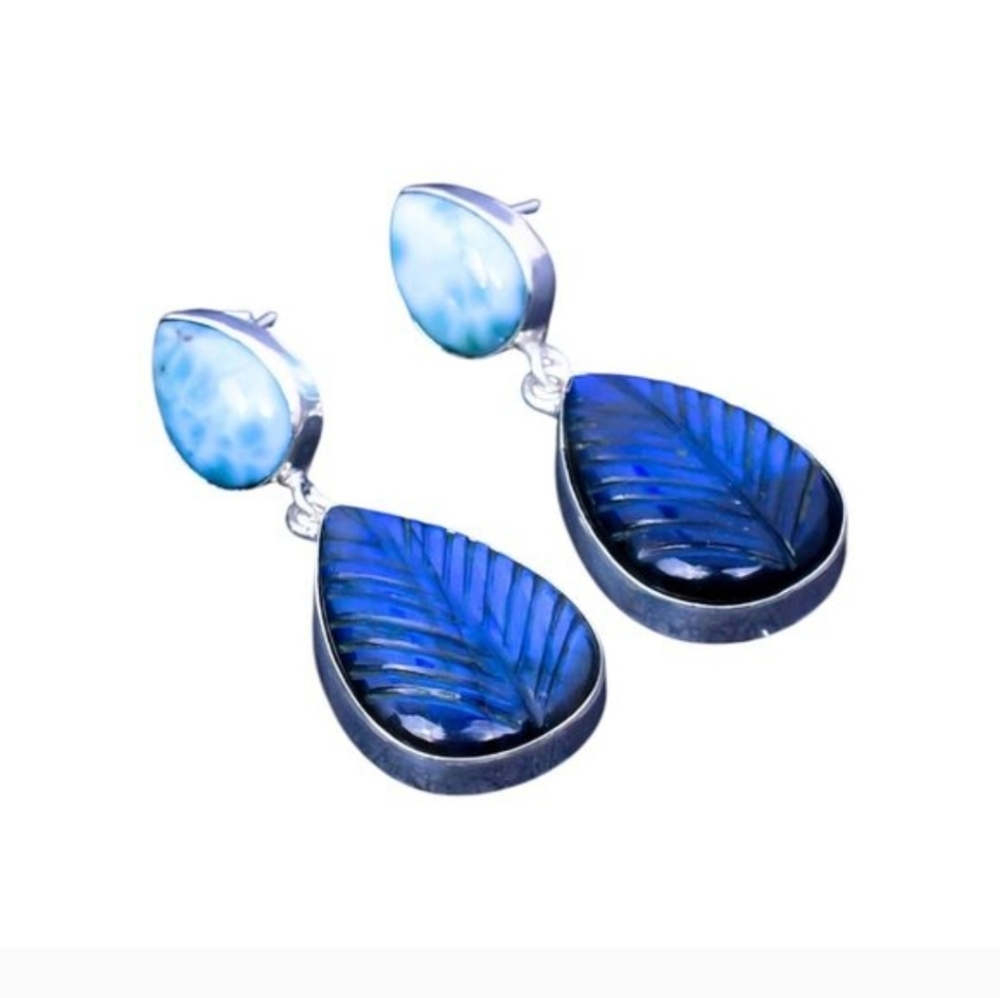 Hand Carved Labradorite & Larimar Solid 925 Sterling Silver Earrings